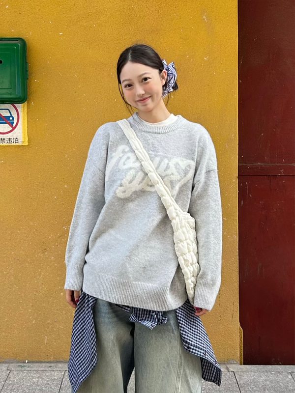 Autumn Winter Casual Heart Print Knitted Sweater - Loose Fit Round Neck Pullover, National Trendy Style for Cozy Days