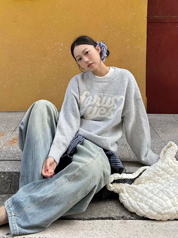 Autumn Winter Casual Heart Print Knitted Sweater - Loose Fit Round Neck Pullover, National Trendy Style for Cozy Days