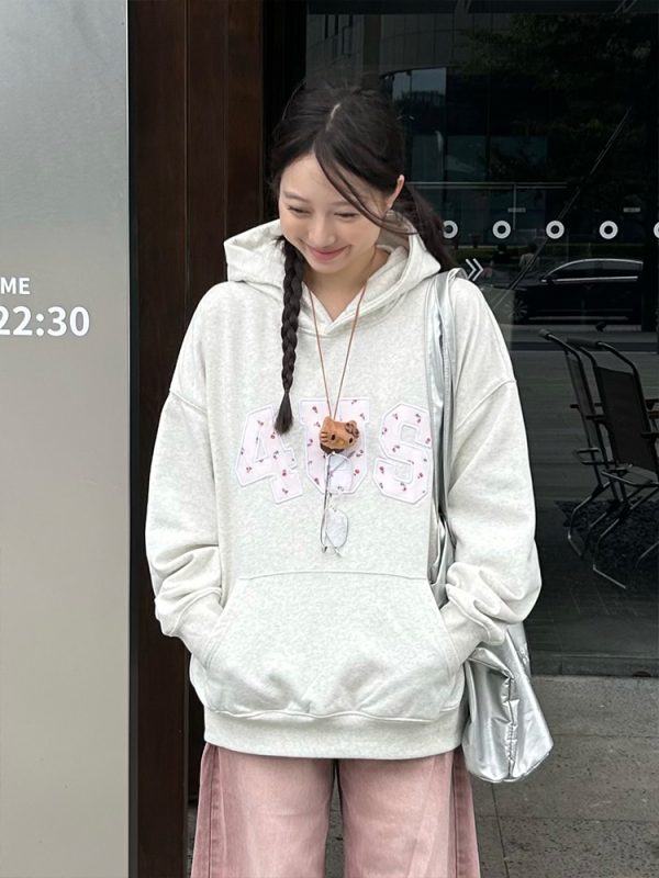 Autumn Winter Floral Embroidery Patch Hoodie for Couples - Loose Fit, National Trend, Casual Streetwear