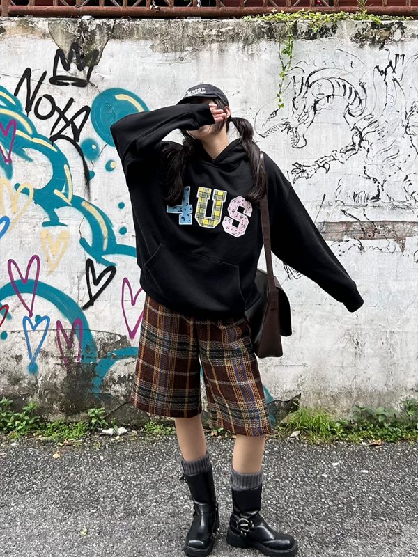 Autumn Winter Patchwork Embroidered Plaid Floral Couple Loose Hoodie Unisex Y2K Style Fashion