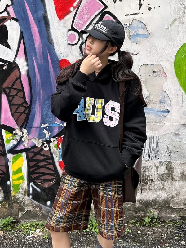Autumn Winter Patchwork Embroidered Plaid Floral Couple Loose Hoodie Unisex Y2K Style Fashion