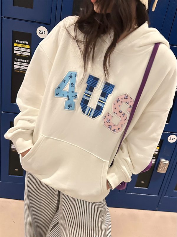 Autumn Winter Patchwork Embroidered Plaid Floral Couple Loose Hoodie Unisex Y2K Style Fashion