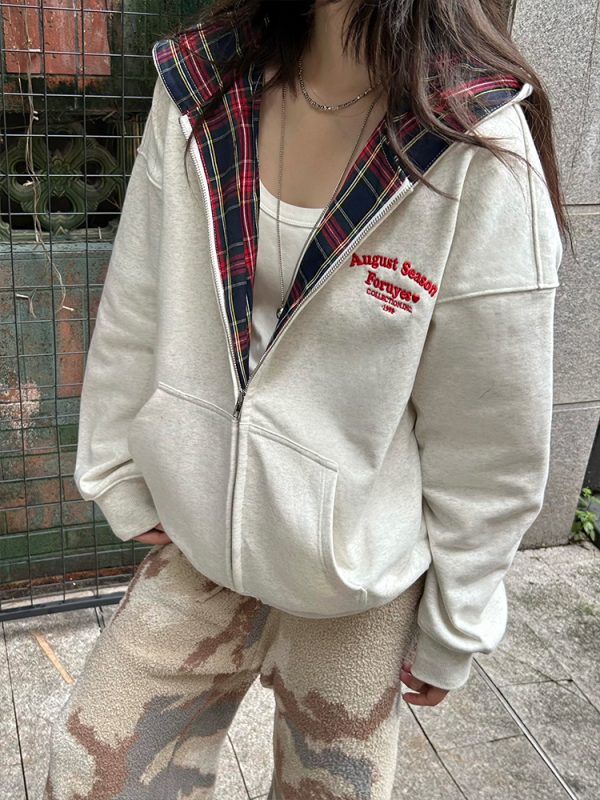 Autumn Winter Plaid Splicing Slogan Letter Couple Zipper Hoodie Cardigan Jacket - Casual Streetwear, Y2K Fashion Style