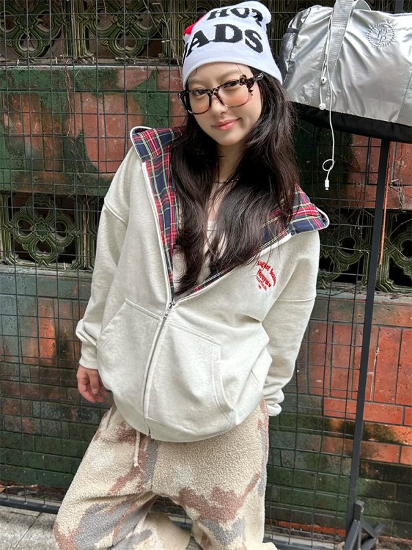 Autumn Winter Plaid Splicing Slogan Letter Couple Zipper Hoodie Cardigan Jacket - Casual Streetwear, Y2K Fashion Style