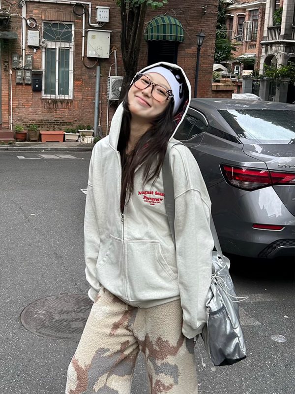 Autumn Winter Plaid Splicing Slogan Letter Couple Zipper Hoodie Cardigan Jacket - Casual Streetwear, Y2K Fashion Style