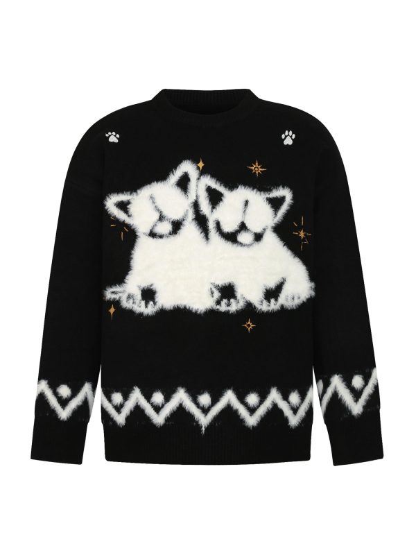 Autumn Winter Plush Jacquard Knitted Sweater for Couples - Versatile National Trend Dog Design, Cozy Fashion Essential