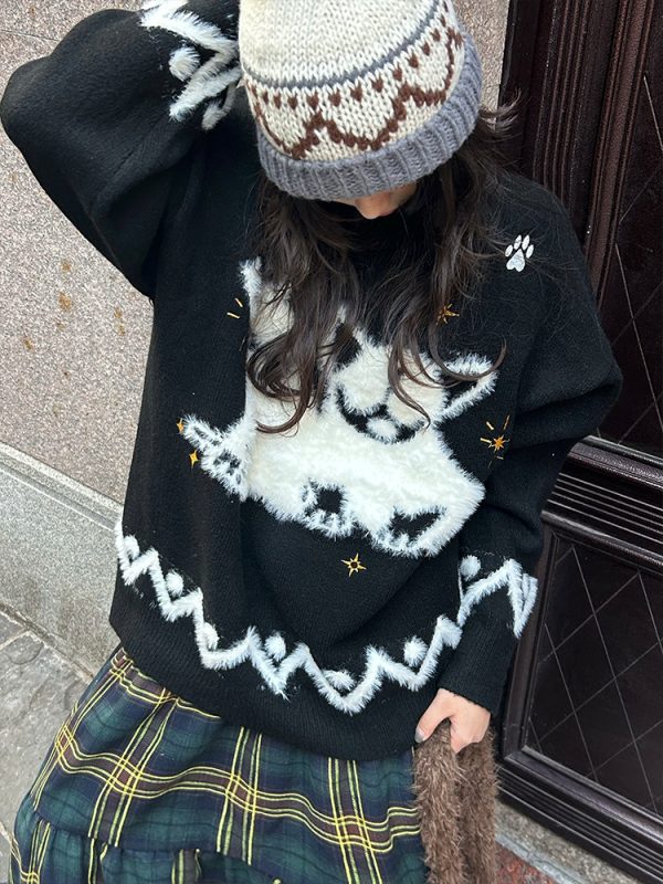 Autumn Winter Plush Jacquard Knitted Sweater for Couples - Versatile National Trend Dog Design, Cozy Fashion Essential