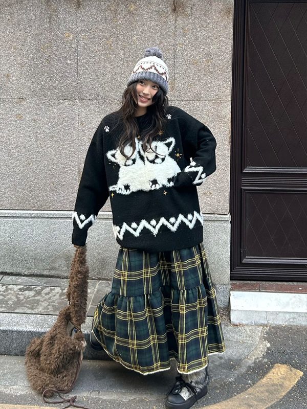 Autumn Winter Plush Jacquard Knitted Sweater for Couples - Versatile National Trend Dog Design, Cozy Fashion Essential