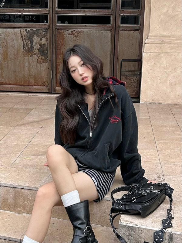 Autumn Winter Red Plaid Fake Two-Piece Zipper Hoodie - Slogan Embroidered Loose Fit Couple's Style