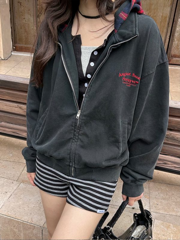 Autumn Winter Red Plaid Fake Two-Piece Zipper Hoodie - Slogan Embroidered Loose Fit Couple's Style
