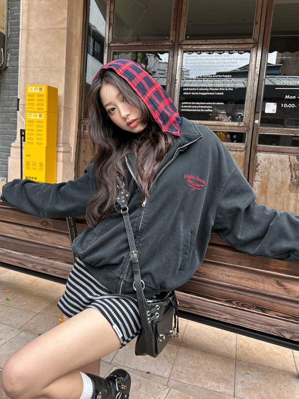 Autumn Winter Red Plaid Fake Two-Piece Zipper Hoodie - Slogan Embroidered Loose Fit Couple's Style