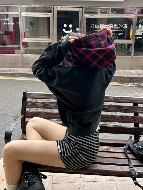 Autumn Winter Red Plaid Fake Two-Piece Zipper Hoodie - Slogan Embroidered Loose Fit Couple's Style