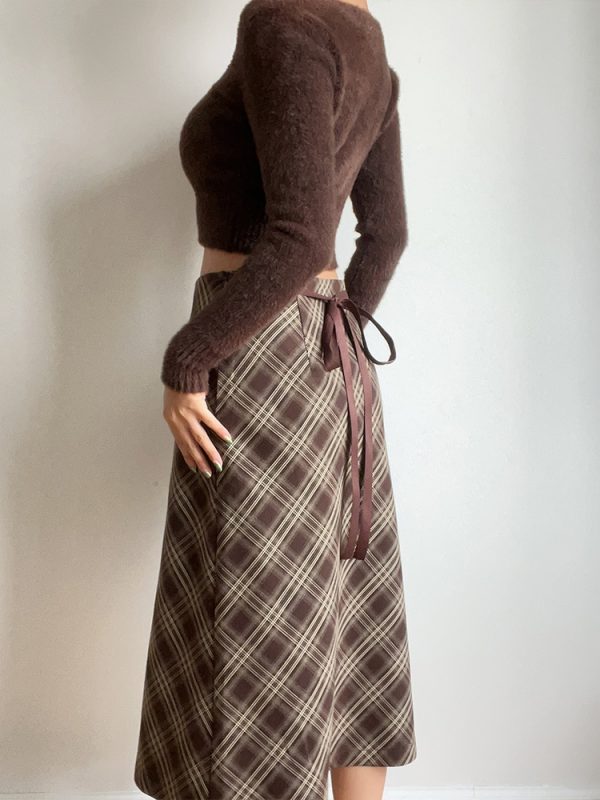 Autumn Winter Retro Plaid High Waist Brown Checkered Midi Skirt with Bow Tie - Cute Long Skirt for Y2K and Vintage Style