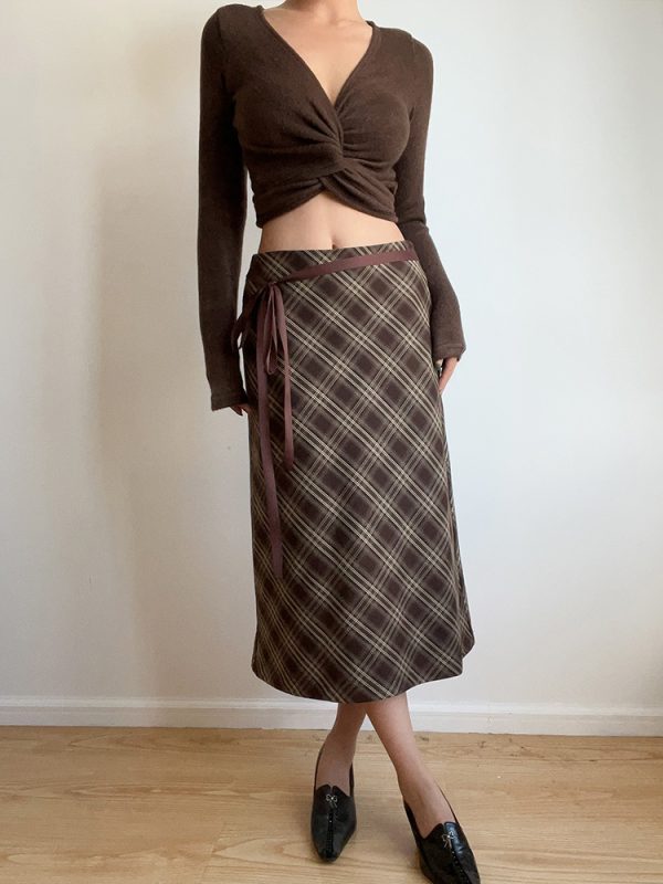 Autumn Winter Retro Plaid High Waist Brown Checkered Midi Skirt with Bow Tie - Cute Long Skirt for Y2K and Vintage Style