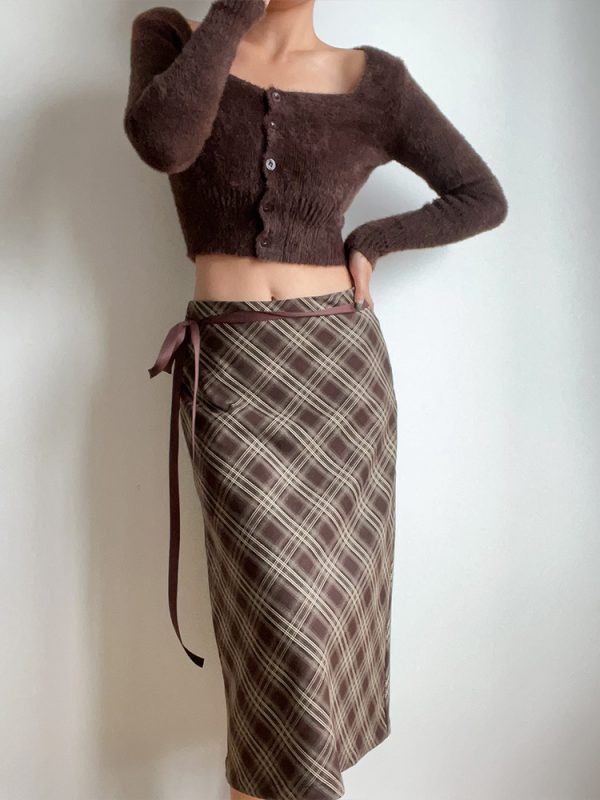 Autumn Winter Retro Plaid High Waist Brown Checkered Midi Skirt with Bow Tie - Cute Long Skirt for Y2K and Vintage Style
