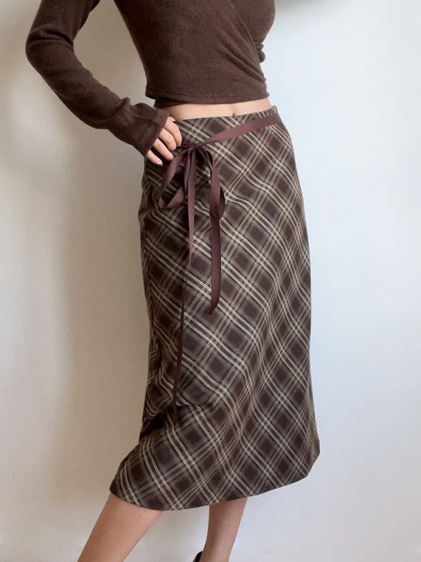 Autumn Winter Retro Plaid High Waist Brown Checkered Midi Skirt with Bow Tie - Cute Long Skirt for Y2K and Vintage Style