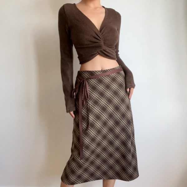 Autumn Winter Retro Plaid High Waist Brown Checkered Midi Skirt with Bow Tie - Cute Long Skirt for Y2K and Vintage Style