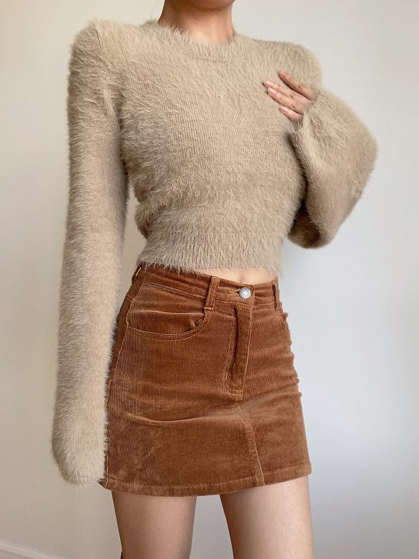 Autumn Winter Retro Round Neck Fluffy Knit Top with Short Flare Sleeves - Solid Color High Waist Pullover for Cozy Style