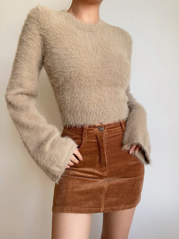 Autumn Winter Retro Round Neck Fluffy Knit Top with Short Flare Sleeves - Solid Color High Waist Pullover for Cozy Style