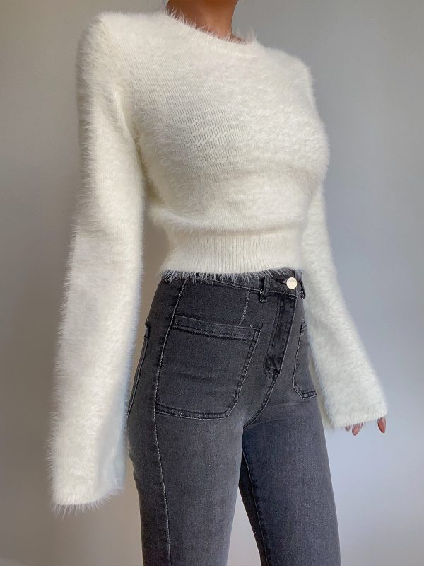 Autumn Winter Retro Round Neck Fluffy Knit Top with Short Flare Sleeves - Solid Color High Waist Pullover for Cozy Style