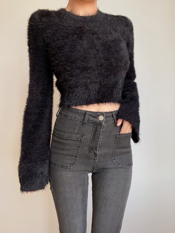 Autumn Winter Retro Round Neck Fluffy Knit Top with Short Flare Sleeves - Solid Color High Waist Pullover for Cozy Style