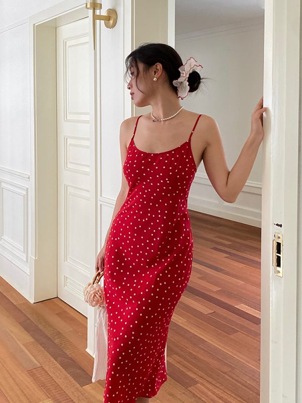 Backless French Polka Dot Dress - Casual Slim Fit Mid-Length Camisole for Effortless Y2K Style