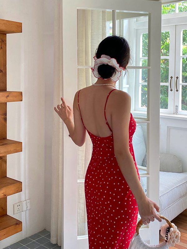 Backless French Polka Dot Dress - Casual Slim Fit Mid-Length Camisole for Effortless Y2K Style