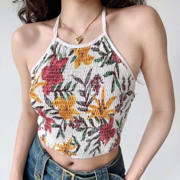 Backless Halter Crop Top for Women - Sexy Ruffled Print Design, European & American Style, Perfect for Y2K and Summer Fashion