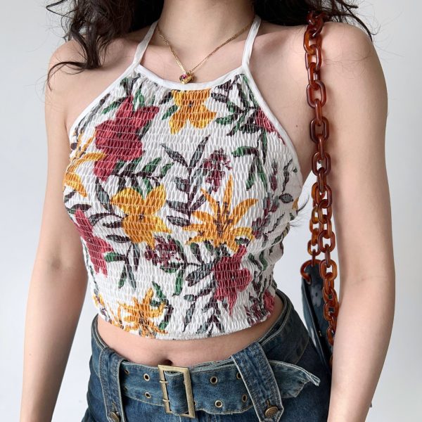 Backless Halter Crop Top for Women - Sexy Ruffled Print Design, European & American Style, Perfect for Y2K and Summer Fashion