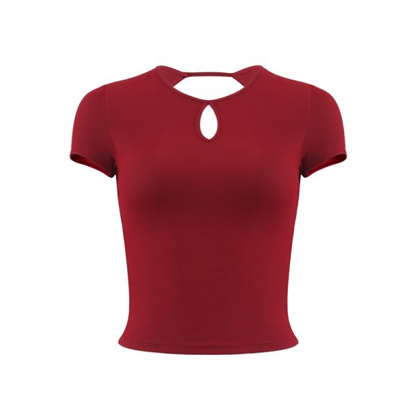 Backless Short Sleeve T-Shirt for Women, Slim Fit Round Neck Top with Chest Pad, French Style Sexy 90s Look