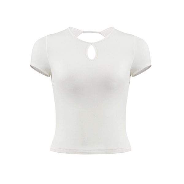 Backless Short Sleeve T-Shirt for Women, Slim Fit Round Neck Top with Chest Pad, French Style Sexy 90s Look