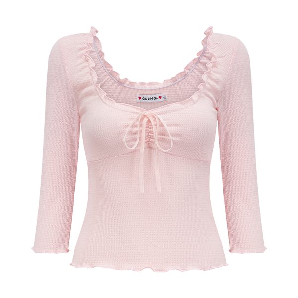 Ballet Style Bow Low Neck Waffle T-shirt for Women, Slim Fit Three-Quarter Sleeve, Y2K Inspired Fashion Top