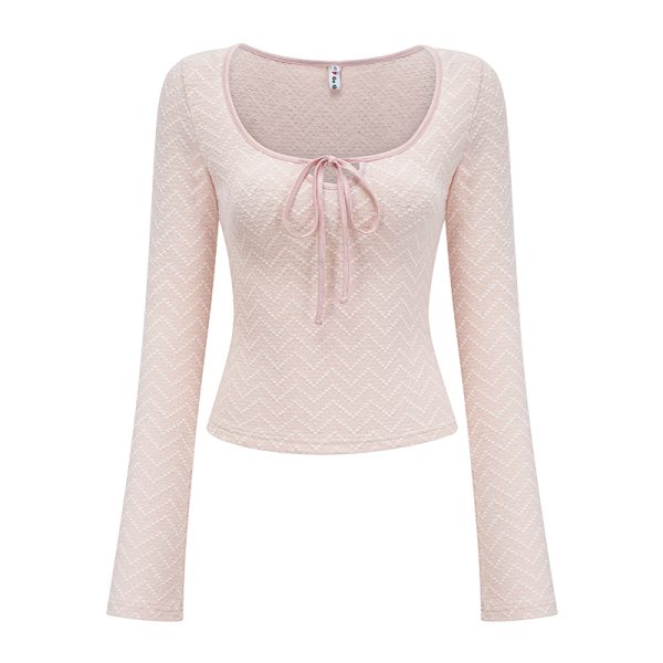 Ballet Style Bow U-Neck Long Sleeve T-Shirt for Women - Slim Fit Short Top, Perfect for Y2K and Casual Chic Looks