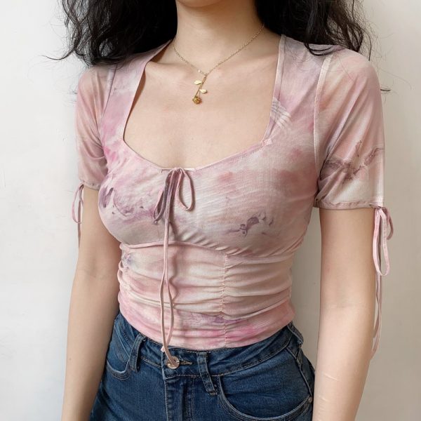 Ballet Style Dreamy Printed Mesh Sheer Bow Pleated Short Sleeve T-shirt for Women - Y2K Fashion Essentials