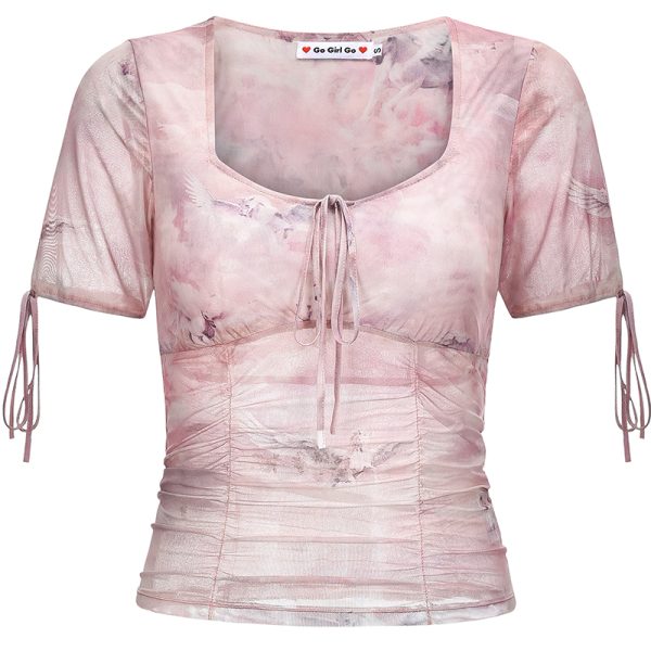 Ballet Style Dreamy Printed Mesh Sheer Bow Pleated Short Sleeve T-shirt for Women - Y2K Fashion Essentials
