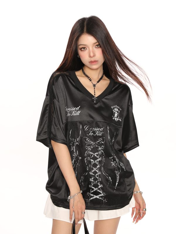Ballet Style Satin Butterfly Lace Spliced Short Sleeve T-Shirt for Women - Summer Sweet Spicy Slim Fit Jersey, Y2K Fashion