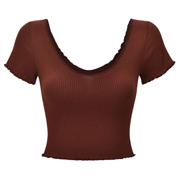 Basic Ruffle Edge V-Neck Short Sleeve Crop Top for Women - Casual 90s Inspired High Waist Tee