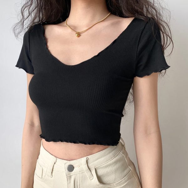 Basic Ruffle Edge V-Neck Short Sleeve Crop Top for Women - Casual 90s Inspired High Waist Tee