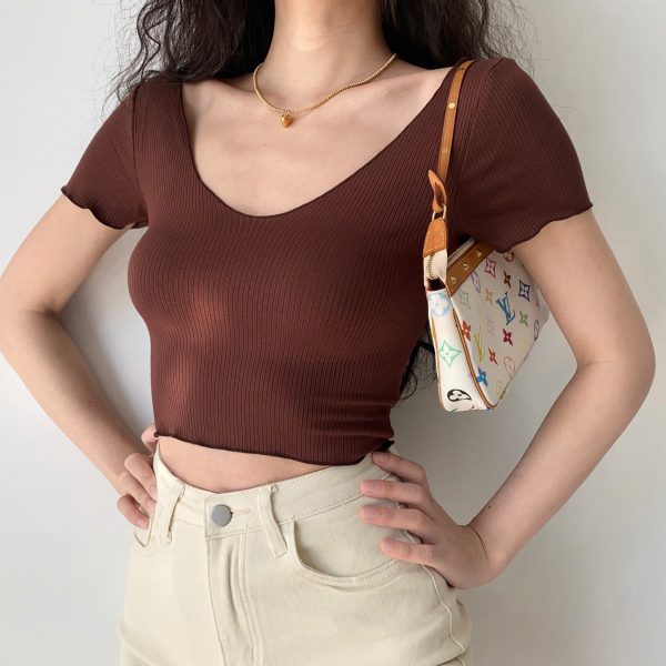 Basic Ruffle Edge V-Neck Short Sleeve Crop Top for Women - Casual 90s Inspired High Waist Tee