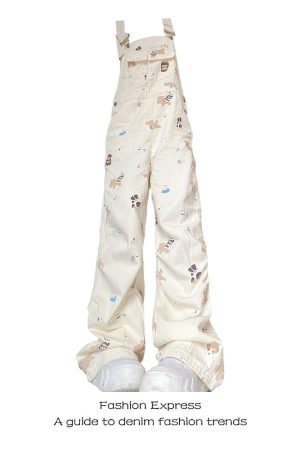 Beige Denim Overalls for Women - Trendy Loose Wide-Leg Jumpsuit, Autumn Winter Fashion, Casual 90s Style Fufu Design