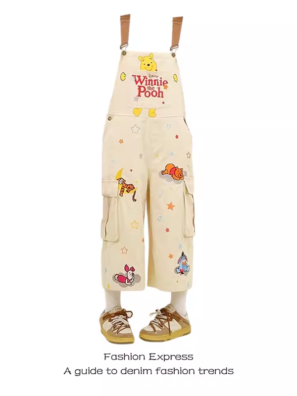 Beige Denim Overalls for Women - Trendy Loose Wide-Leg Jumpsuit, Autumn Winter Fashion, Casual 90s Style Fufu Design
