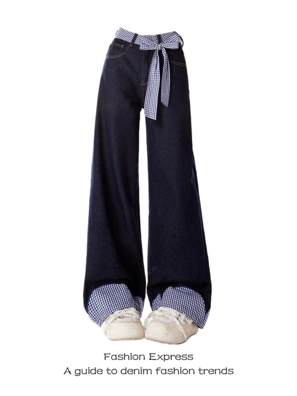 Belted Plaid Patchwork Bow Tie Denim Pants for Women - High-Waisted Loose-Fitting Wide-Leg Trousers, Spring Fashion 2023