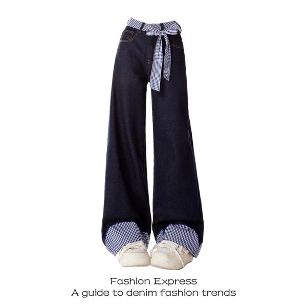 Belted Plaid Patchwork Bow Tie Denim Pants for Women - High-Waisted Loose-Fitting Wide-Leg Trousers, Spring Fashion 2023