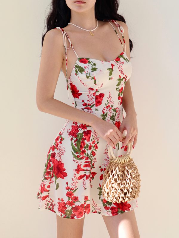 Big Red Floral Print Tie Strap Dress - Casual Vacation Style, European American Fashion, Short Skirt, Summer 2023 Trend
