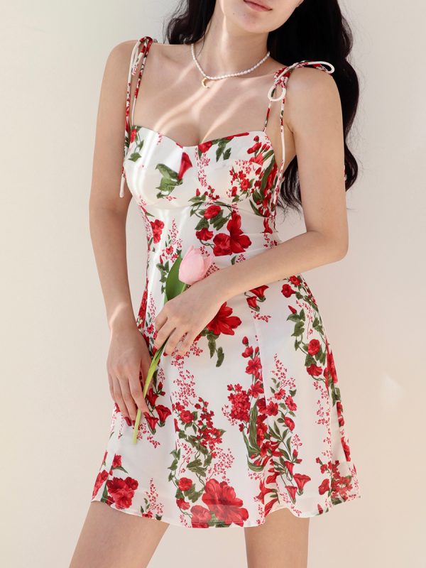 Big Red Floral Print Tie Strap Dress - Casual Vacation Style, European American Fashion, Short Skirt, Summer 2023 Trend