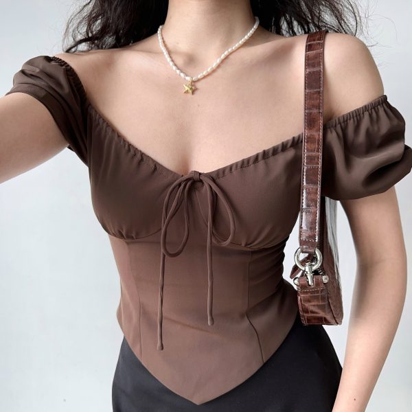 Big U-Neck Tied Back Short Sleeve T-Shirt for Women - Slim Fit Casual Top in European and American Style
