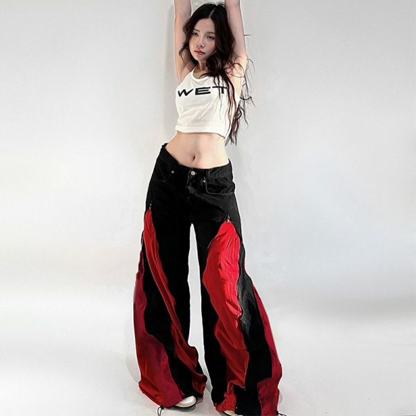 Black and Red Color Block Casual Pants for Women - Low Waist Loose Fit Hip Hop Dance Trousers - Versatile Streetwear Style