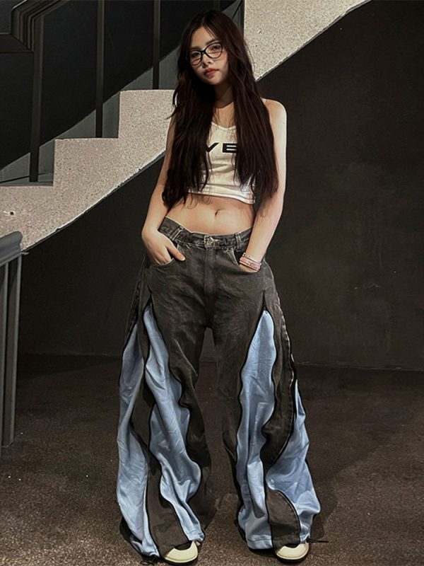 Black and Red Color Block Casual Pants for Women - Low Waist Loose Fit Hip Hop Dance Trousers - Versatile Streetwear Style