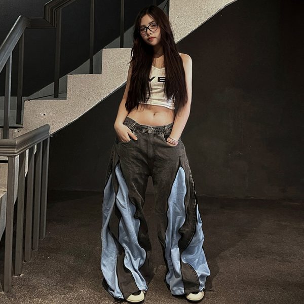 Black and Red Color Block Casual Pants for Women - Low Waist Loose Fit Hip Hop Dance Trousers - Versatile Streetwear Style