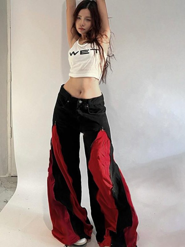 Black and Red Color Block Casual Pants for Women - Low Waist Loose Fit Hip Hop Dance Trousers - Versatile Streetwear Style